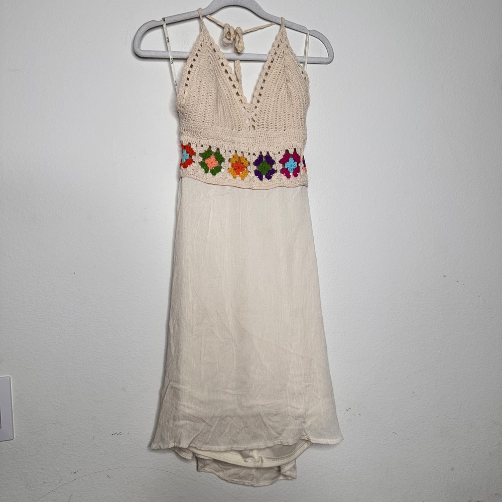 Beach by Exist Cream Crochet Halter Mini Dress Floral Granny Square Boho S/M